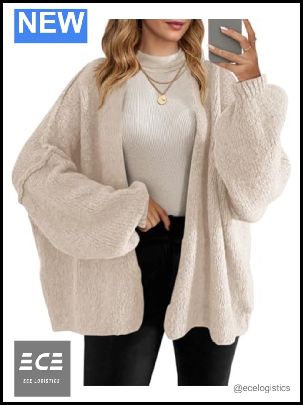 Oversized Open Front Chunky Knit Cardigan Lantern Sleeve Women's Sweater